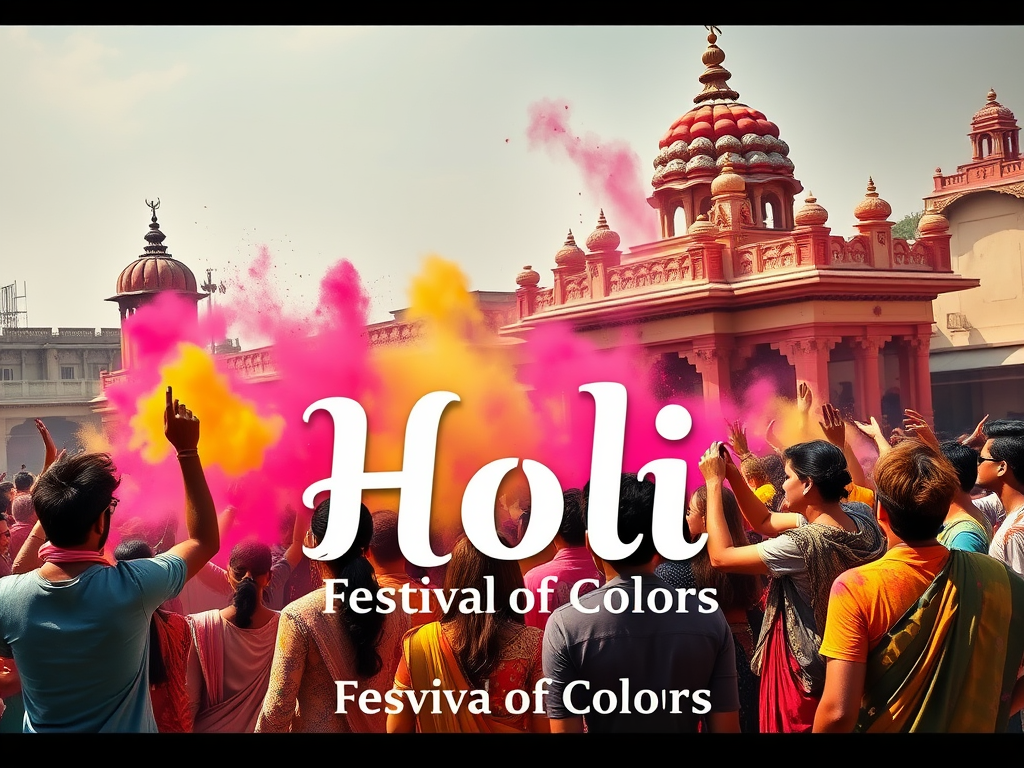 Create a realistic image of a vibrant Holi festival scene with a diverse group of people throwing colorful powder in the air, set against a traditional Indian cityscape with ornate temples in the background, celebrating the arrival of spring, with "Holi: Festival of Colors" text overlay in a decorative Indian-style font.