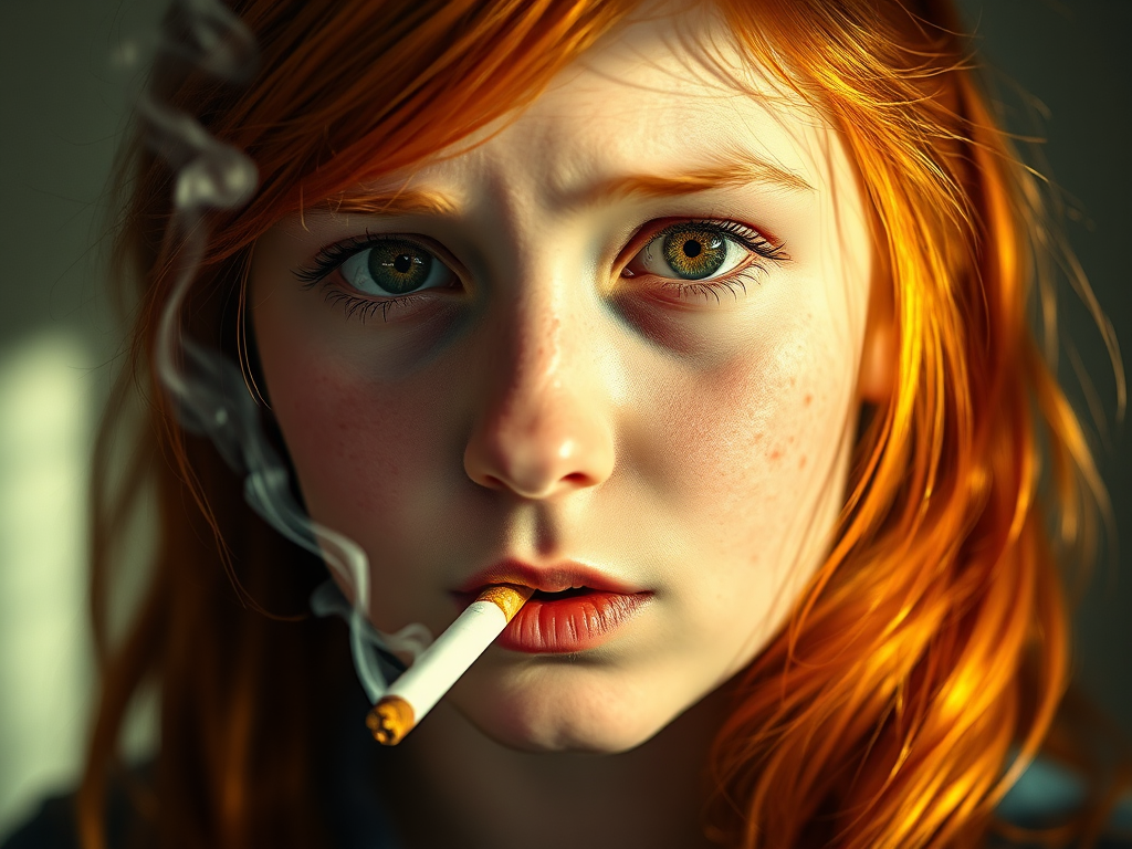 closeup of the face of a redhead schoolgirl with freckles smoking a cigarette
