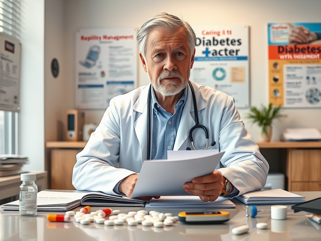 Create a realistic image of a middle-aged white male doctor in a white coat sitting at a desk with a patient file and various diabetes treatment options (pills, insulin vials, glucose meter) spread out before him, with a thoughtful expression on his face, in a well-lit office setting with medical posters about diabetes management visible on the wall behind him.