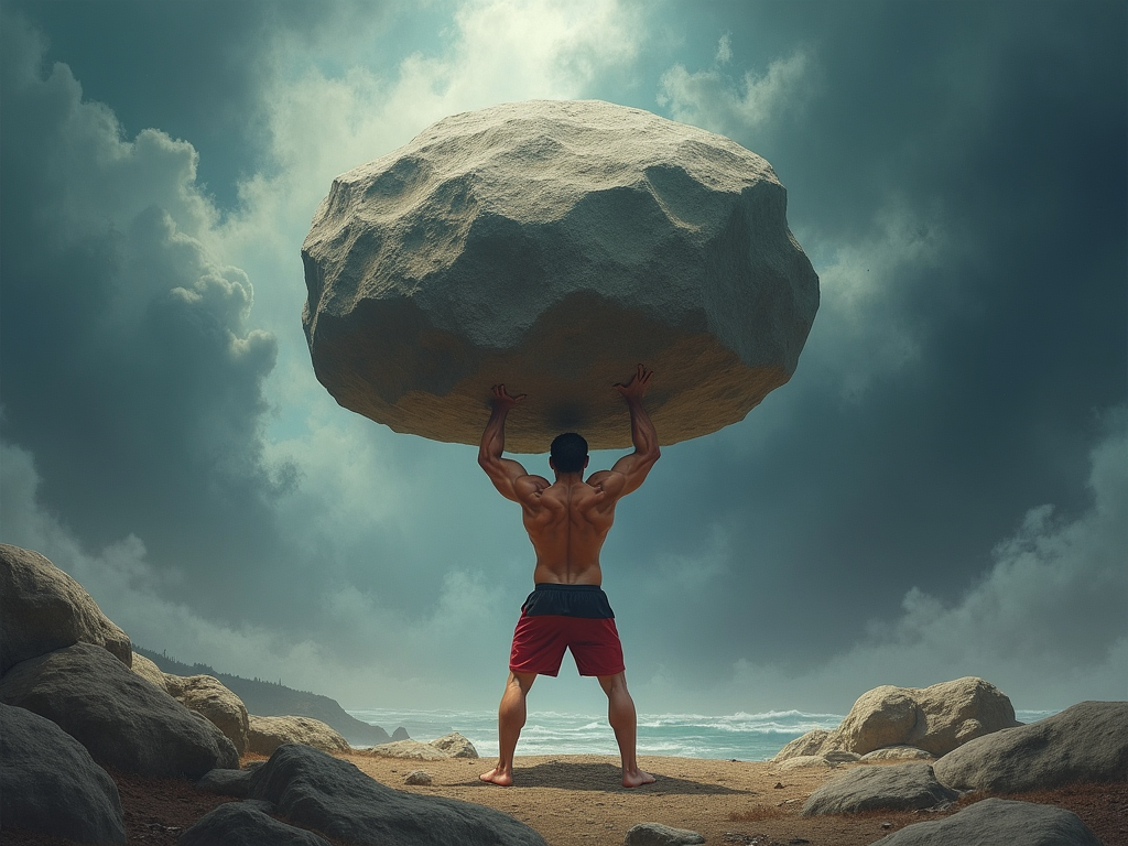 Imagine a dynamic and compelling cover image for the paper titled 'Limit Breaking: The Scientific Limits of Human Strength and Breaking These Limits in Extreme Situations'. The scene depicts a hyper-realistic human figure in the midst of an extraordinary feat of strength, lifting a massive, abstractly designed boulder that symbolizes the limits of human strength. The background features a dramatic, stormy sky with dark swirling clouds, reflecting the tumultuous nature of pushing beyond physiological limits. The scene is lit with a stark contrast of light and shadows, emphasizing the intense muscle definition and strain evident on the figure’s body. The color palette consists of deep blues and greys in the sky, with earthy tones for the boulder and a vibrant splash of red on the figure’s attire to symbolize adrenaline and energy. Artistic style merges realism with elements of surrealism, particularly in the exaggerated size of the boulder and the surreal sky. Medium is digital painting, aiming for a highly detailed and textured look, giving a sense of depth and palpable tension. This image perfectly encapsulates the blend of human biology, extreme physical exertion, and the psychological intensity described in the paper.