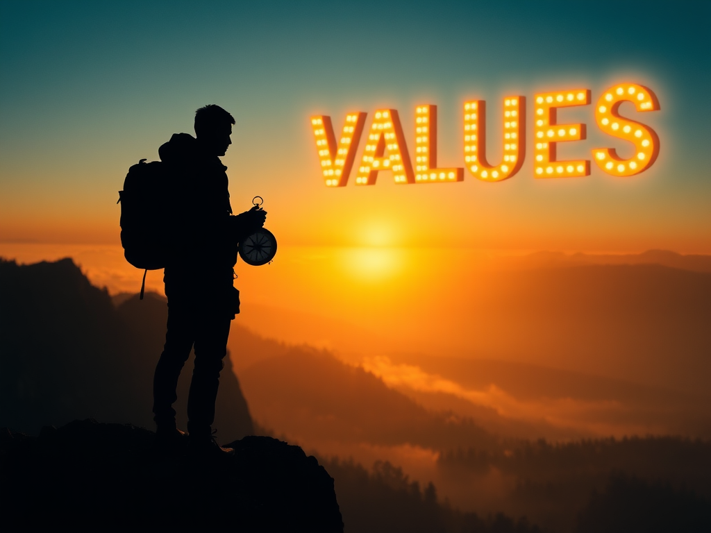 a person facing away using a compass heading towards the word values