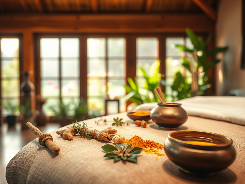 Create a realistic image of a serene Ayurvedic spa setting with a wooden massage table in the foreground, adorned with fresh herbs and spices like turmeric, ginger, and cinnamon. A bronze kansa wand and a clay pot filled with herbal oil sit nearby. In the background, a soft-focus view of a tranquil garden with medicinal plants is visible through large windows. Warm, golden lighting bathes the scene, creating a calm and nurturing atmosphere.