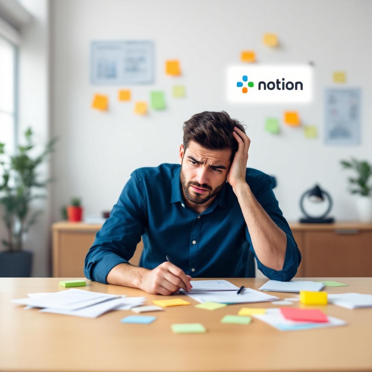 A professional appears frustrated at a cluttered desk, with multiple screens showing apps like Slack and Notion, reflecting the issue of scattered files and ineffective collaboration tools.
