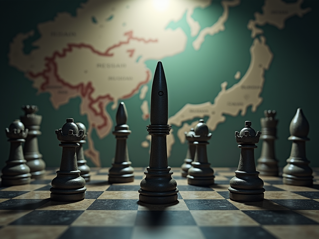 Visualize a tense geopolitical chessboard, representing North Korea's missile tests and regional responses. The foreground features a large, detailed chessboard with intricately carved pieces: a missile-shaped king representing North Korea, surrounded by other chess pieces shaped like military tanks and aircraft from the US, Japan, and South Korea. The background shows a faded map of East Asia, highlighting North Korea, South Korea, Japan, and parts of Russia and China, subtly indicating their involvement. The color palette is dominated by dark, moody tones of grey and black, with accents of military green and red to symbolize tension and danger. The overall mood is somber and intense, reflecting the serious nature of the geopolitical conflicts. The artistic style merges realism with symbolic elements, where the chess pieces and map are rendered in high detail to emphasize the strategic intricacies of the situation. Lighting is dramatic, with a spotlight focusing on the chessboard, casting long shadows to enhance the visual depth and add a sense of foreboding.