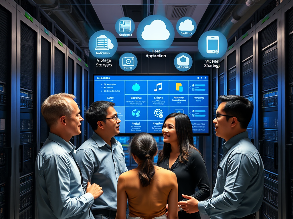 Create a realistic image of a modern data center with rows of Nutanix servers, featuring a diverse team of IT professionals (including white male, black female, and Asian male) collaborating in front of a large touchscreen displaying various storage use cases and applications, such as databases, virtual machines, and file sharing, with holographic icons floating above to represent different storage scenarios.