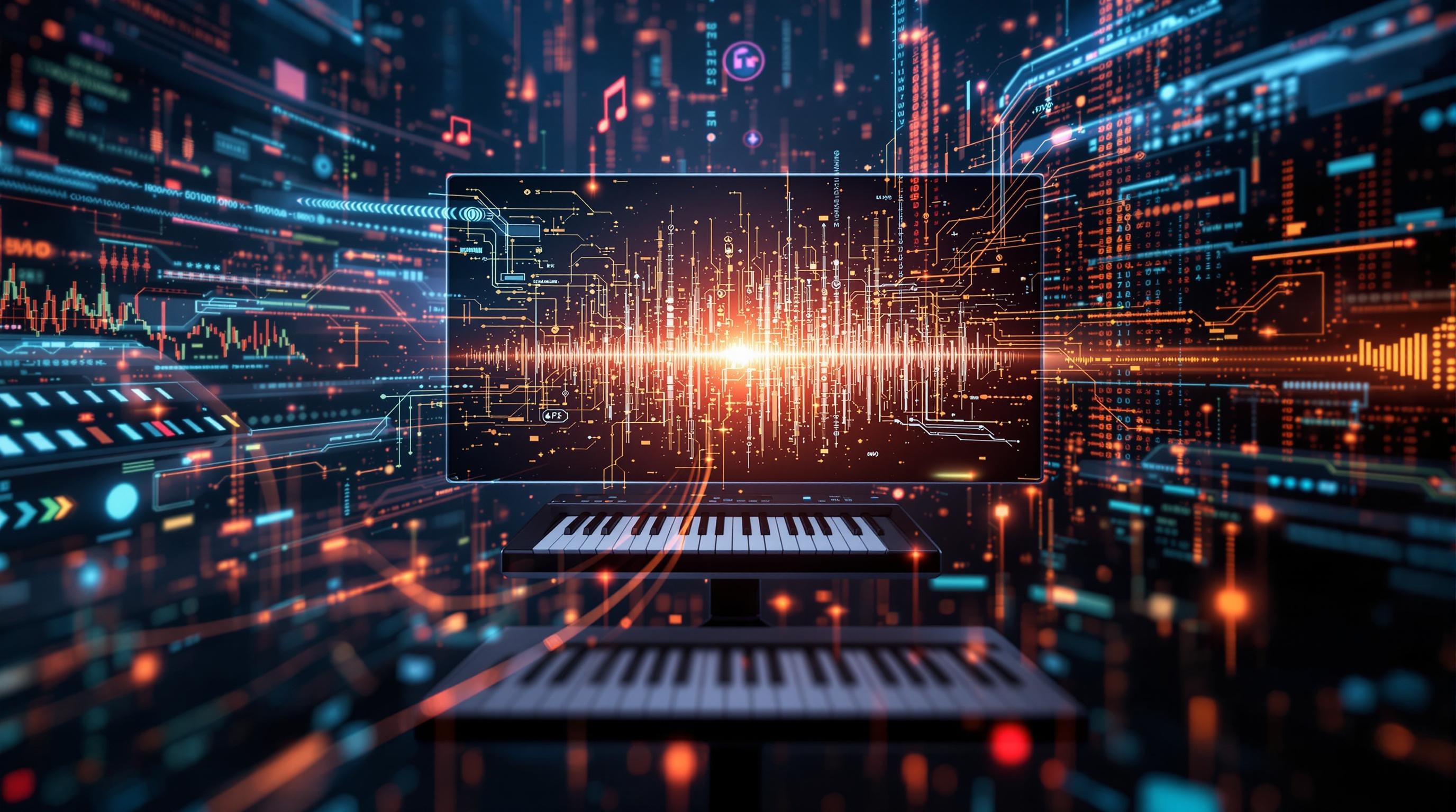 Modern digital music studio scene with an AI neural network visualizing music composition, abstract sound waves turning into musical notes, diverse instruments emerging from data streams, clean and professional style, 16:9 aspect ratio