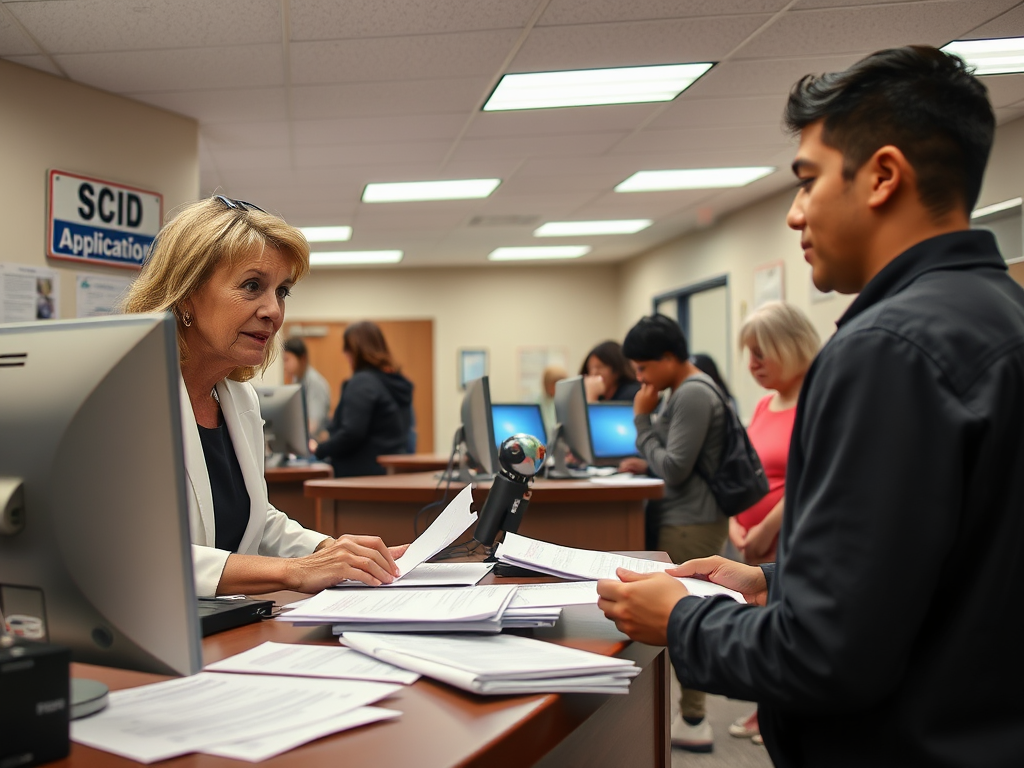 Create a realistic image of a government office interior with a service counter, where a middle-aged white female clerk is assisting a young Hispanic male applicant with SC ID paperwork, computer screens visible, other people waiting in line, signs on the wall indicating "SC ID Application," documents and forms scattered on the counter, bright fluorescent lighting, and a clean, formal atmosphere.