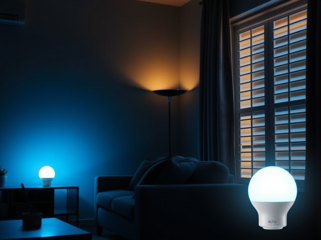 Create a realistic image of an Echo Glow smart light bulb illuminating a dark living room, casting a soft blue glow on nearby furniture and highlighting a window with closed curtains, suggesting improved home security through smart lighting.