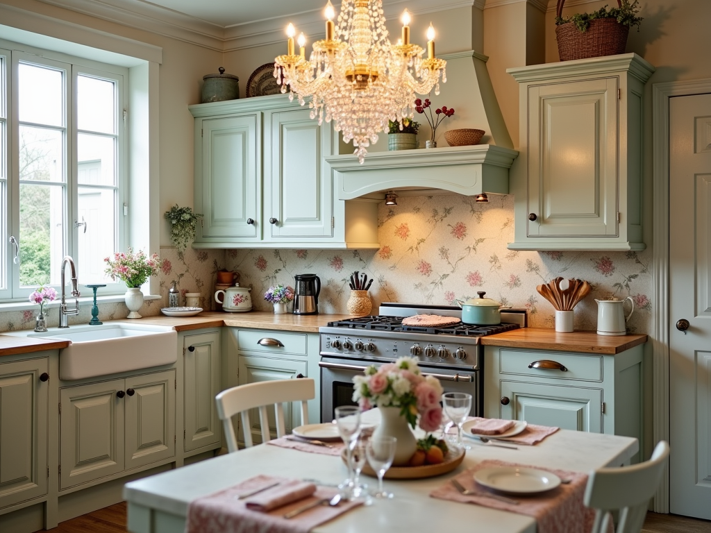 Shabby Chic Elegance: Kitchen with Crystal Chandelier