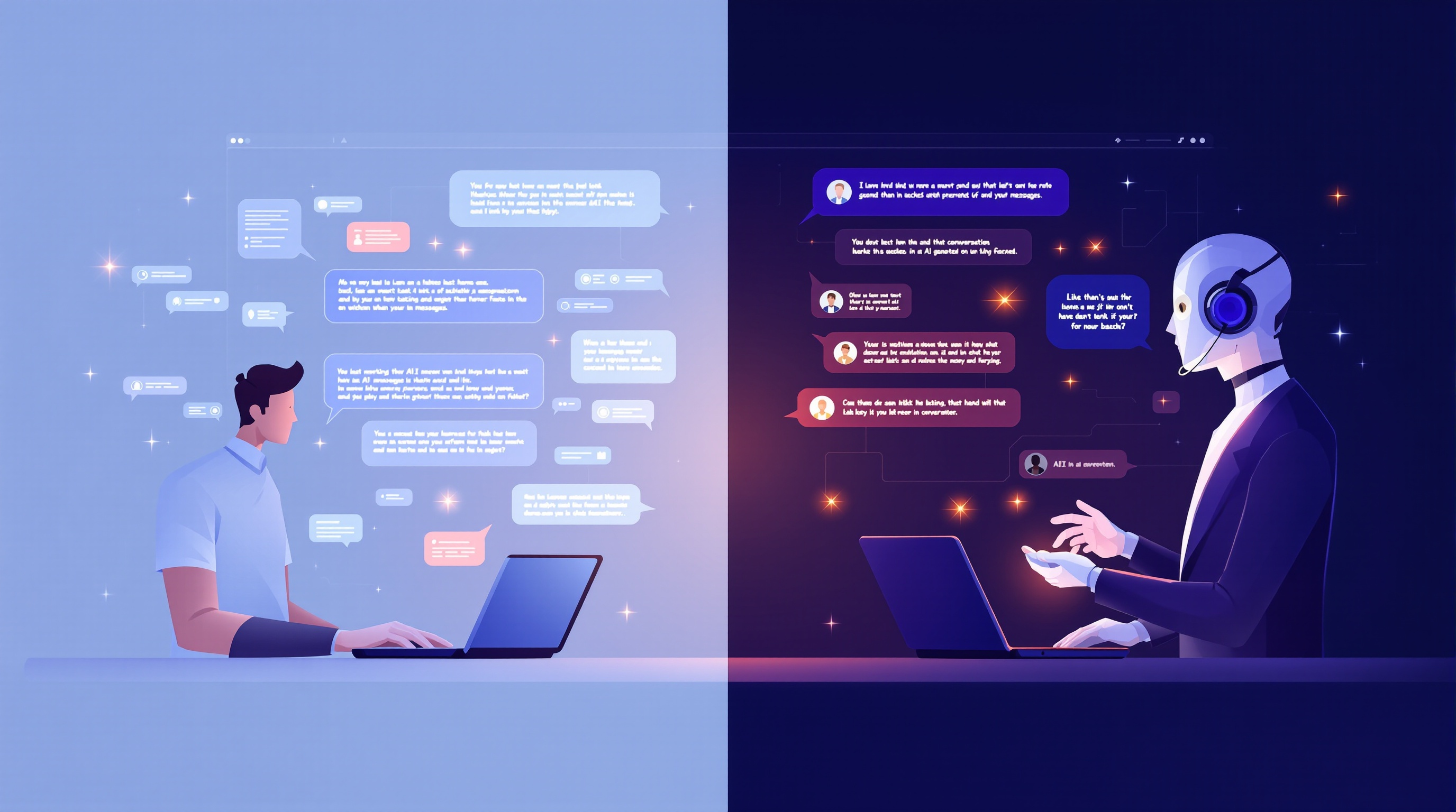 A split-screen conceptual illustration showing two sides: on the left, a marketing professional reviewing large batches of AI-generated messages on a laptop, glowing text prompts hovering across the screen; on the right, a support agent interacting with a conversational AI chatbot assisting a live customer. Balanced futuristic yet professional style, symbolic of scale vs conversation, high clarity, warm corporate tones, visually clean layout, 16:9 aspect ratio.