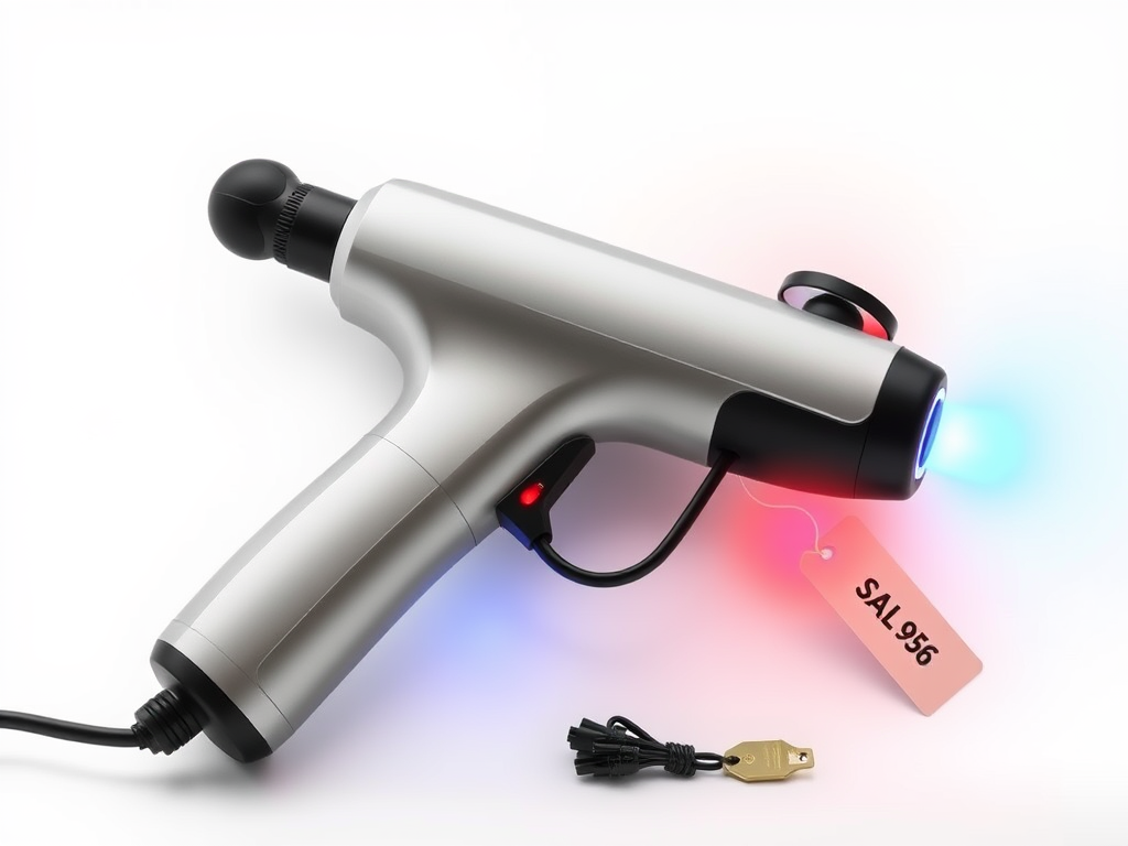 Create a realistic image of a sleek, modern massage gun with heat and cold therapy features displayed prominently on a white background. The device should have a professional, high-tech appearance with visible temperature controls and a ergonomic design. A subtle glow of red and blue lights should emanate from different parts of the gun, indicating its heating and cooling capabilities. Include a price tag or value indicator nearby to emphasize its cost-effectiveness.