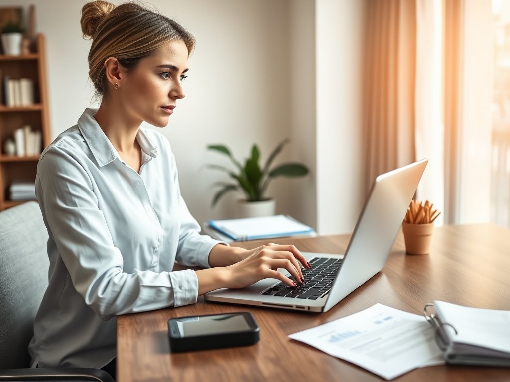 Create a realistic image of a white female professional sitting at a desk with a laptop, looking focused as she navigates an online banking interface displayed on the screen. A smartphone and calculator are visible on the desk alongside neatly arranged financial documents. The background shows a modern home office setting with warm, natural lighting coming through a window, creating a productive atmosphere.