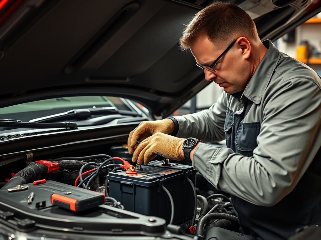 Create a realistic image of a white male mechanic with protective gloves reconnecting a car battery in the engine bay of a Jeep Grand Cherokee, with tools scattered nearby, under bright garage lighting, focusing on the battery terminals and cables.