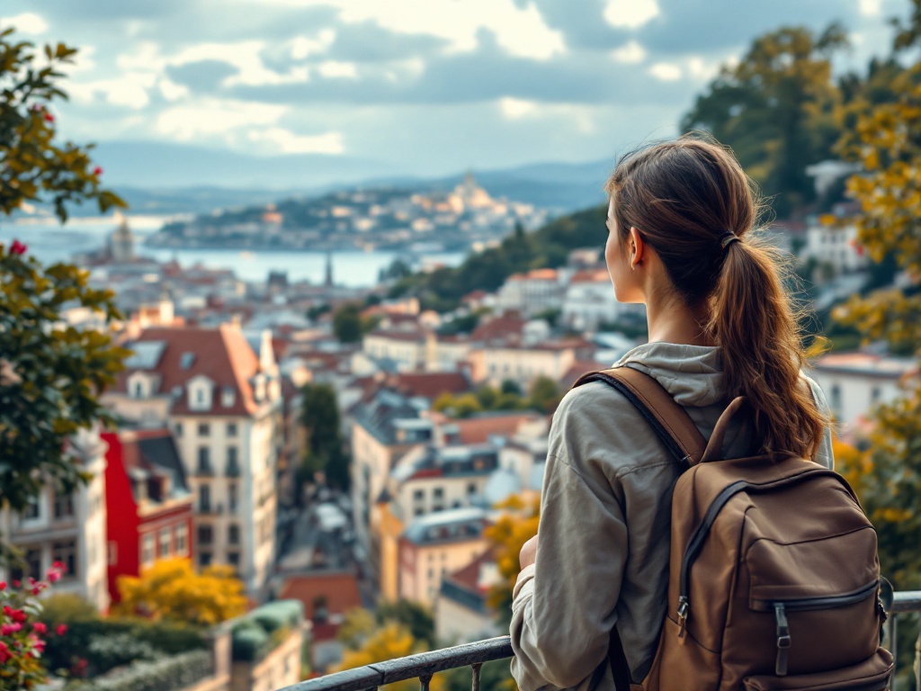 A photorealistic shot capturing a young woman with a backpack, looking at a scenic European cityscape, suggesting travel and adventure