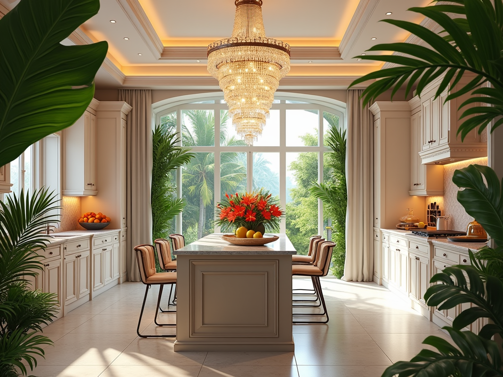 Tropical Elegance: Kitchen Style with Crystal Chandelier