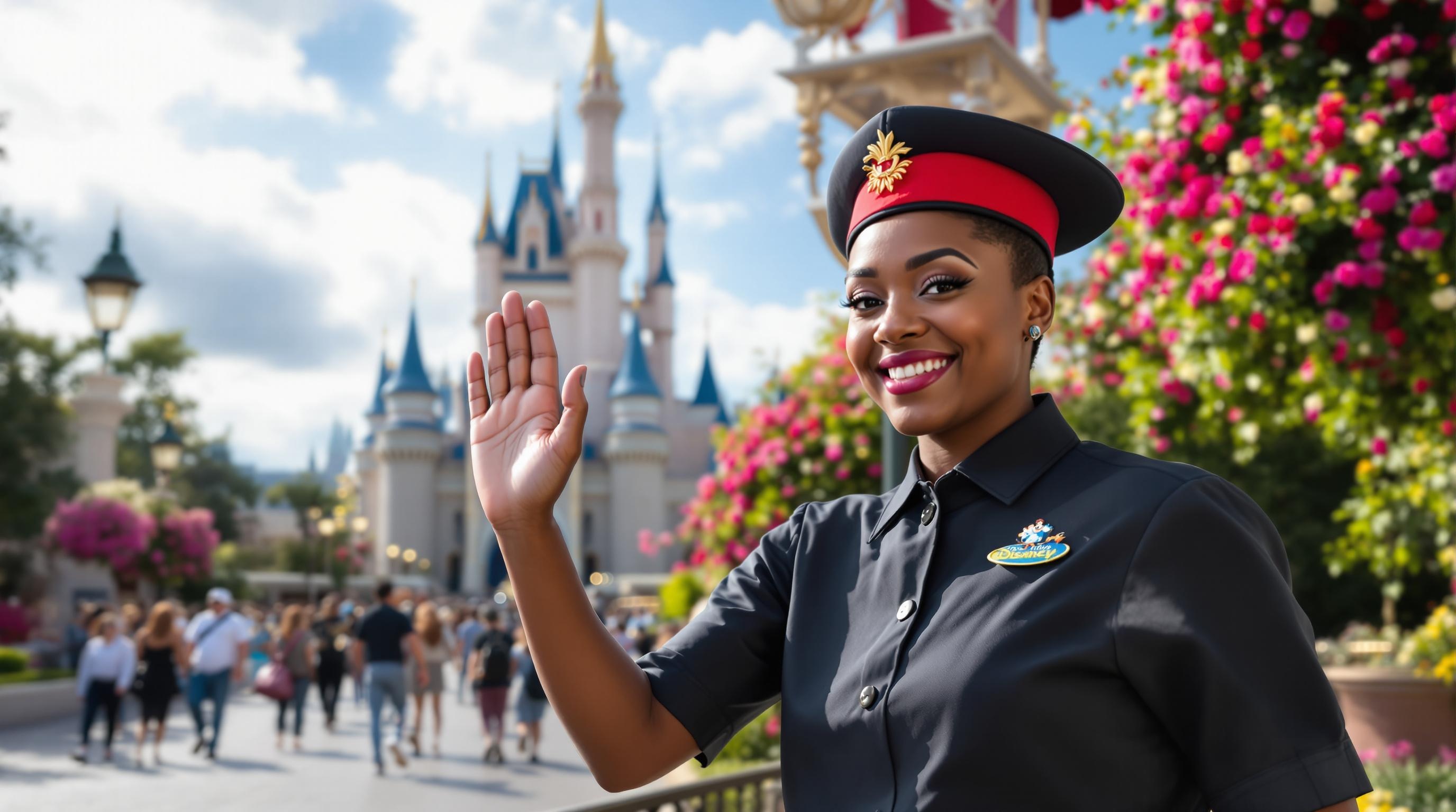 Disney Cast Member Greeting Guests at Magic Kingdom Entrance A Disney cast member wearing a uniform and waving at guests entering the Magic Kingdom park.