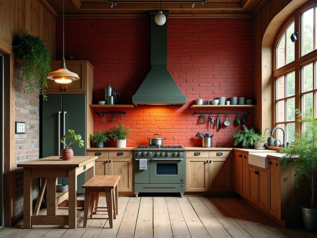 Charming Country Kitchen with a Bold Red Brick Accent Wall