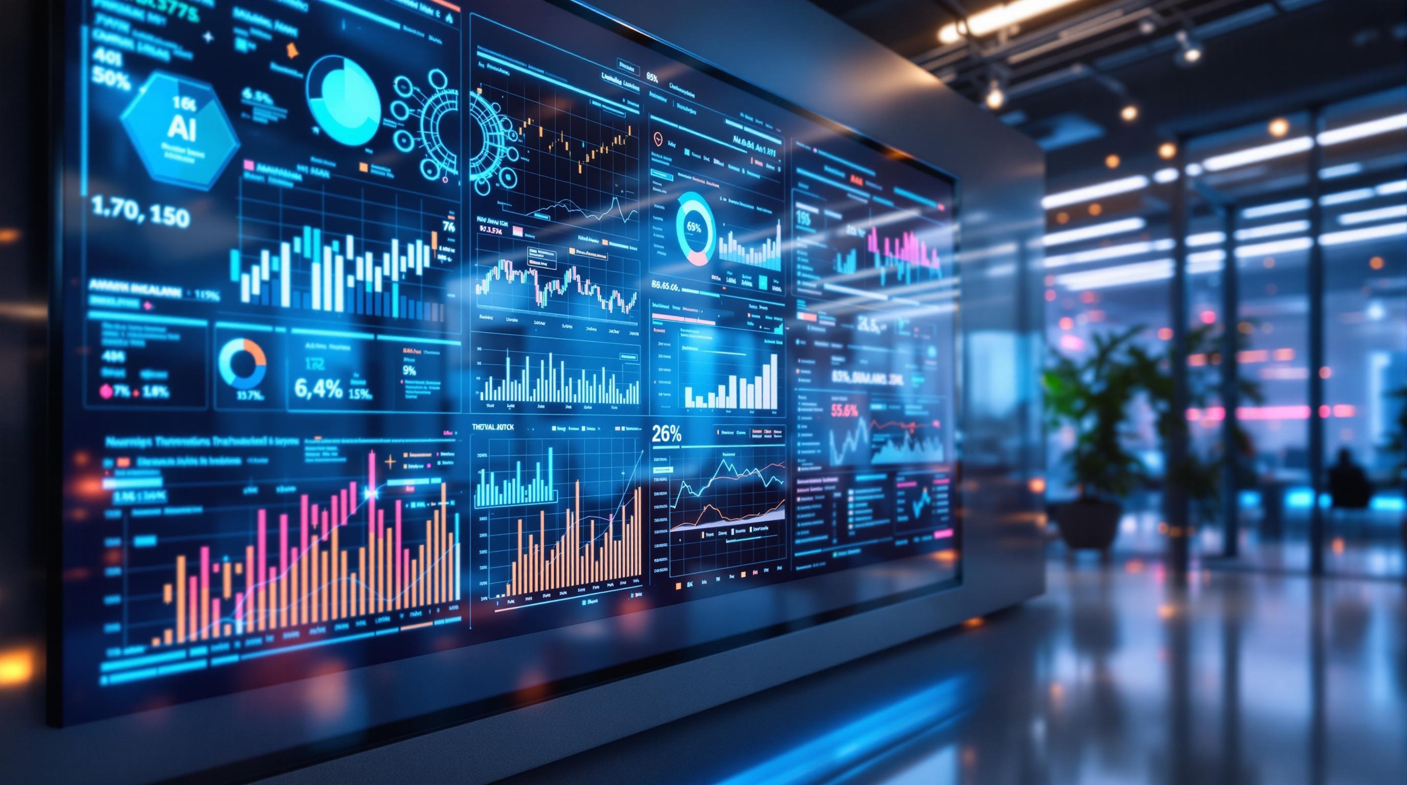 Modern, professional depiction of AI-driven business analytics in action, showcasing predictive data graphs, neural network visualizations, and real-time dashboard interfaces in a sleek corporate environment, vibrant color palette, no text, 16:9 aspect ratio