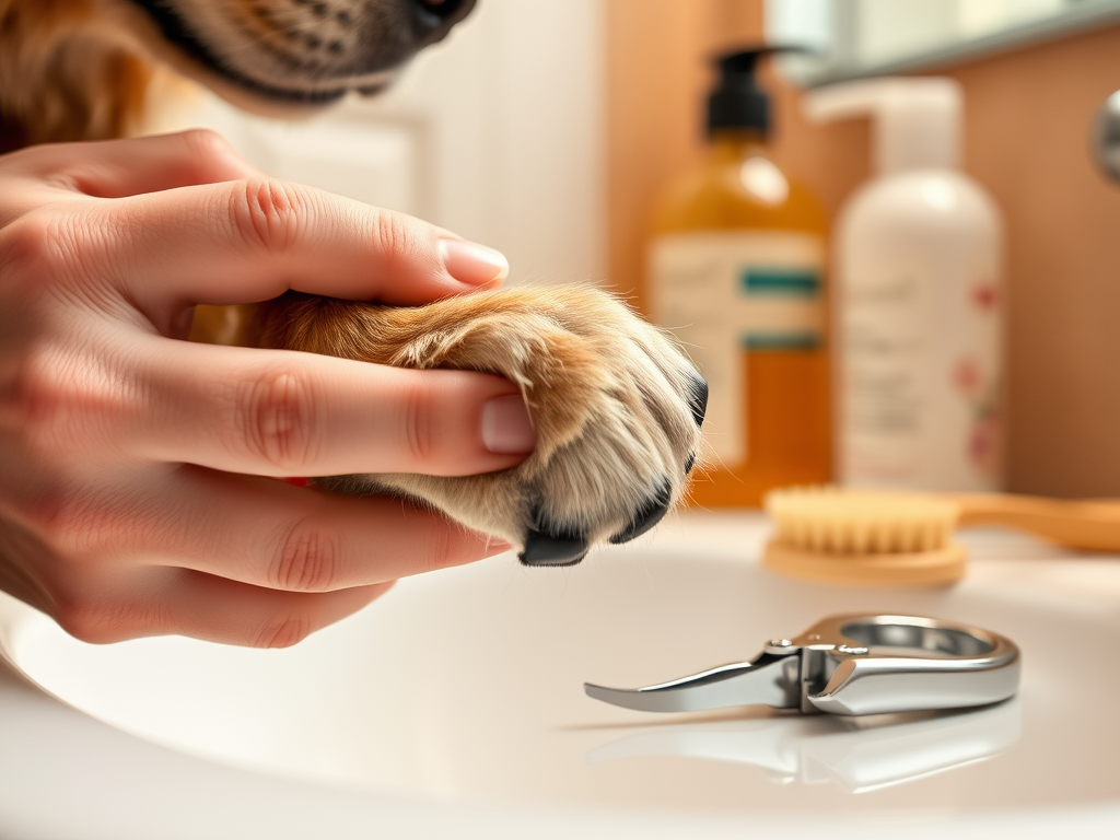 Create a realistic image of a close-up view of a dog's paw being gently held by human hands, with a pair of small pet nail clippers nearby. A bottle of pet shampoo and a soft brush are visible in the background. The scene is set in a well-lit bathroom with warm, inviting colors, suggesting a comfortable home environment for pet grooming.