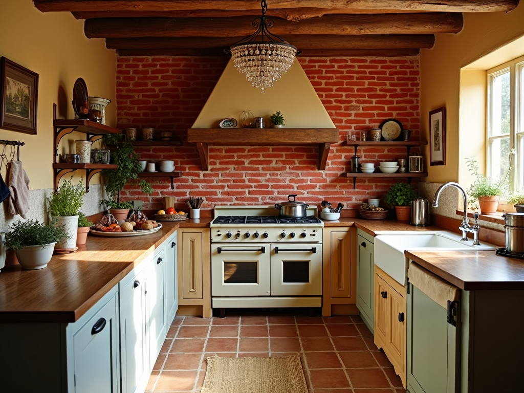 Charming Country Kitchen with Red Brick Accents