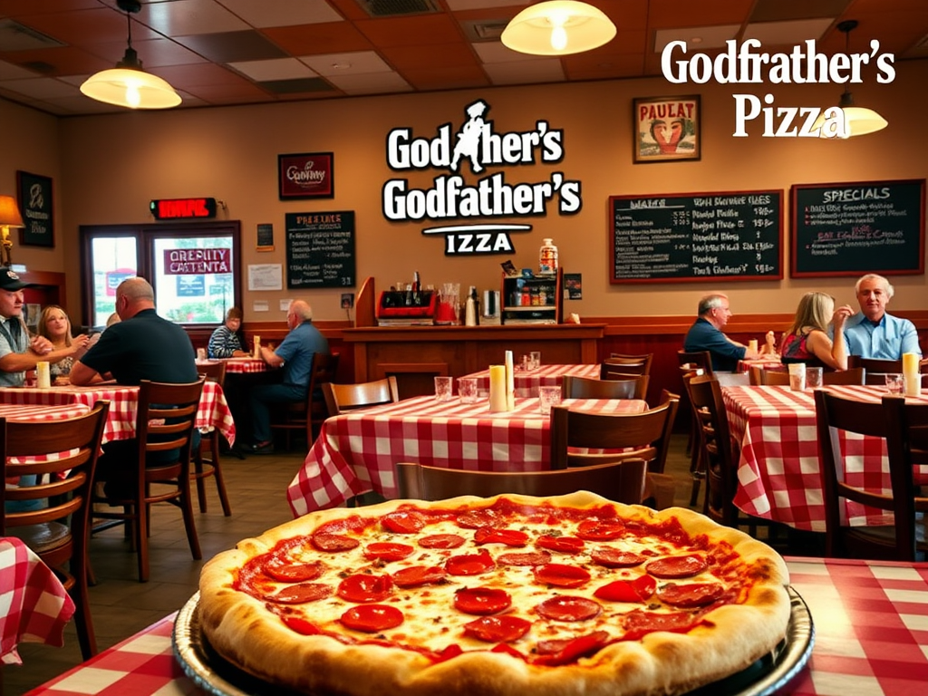 Create a realistic image of a cozy Godfather's Pizza restaurant interior in West Point, GA, with red and white checkered tablecloths, wooden chairs, and warm lighting. A steaming hot pepperoni pizza sits on a table in the foreground, with a variety of toppings visible. The restaurant logo is prominently displayed on the wall, and a chalkboard menu showcases daily specials. A diverse group of customers, including families with children, can be seen enjoying their meals in the background. The text "Godfather's Pizza - West Point, GA" appears subtly in the corner of the image.