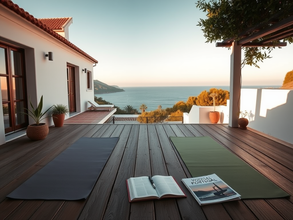 Create a realistic image of a serene Portuguese coastal villa with white-washed walls and terracotta roof tiles, surrounded by lush gardens and yoga mats laid out on a wooden deck overlooking the ocean, a notebook and pen resting on one mat, and a travel guidebook of Portugal visible nearby, capturing the essence of planning a yoga retreat in warm, golden hour lighting.