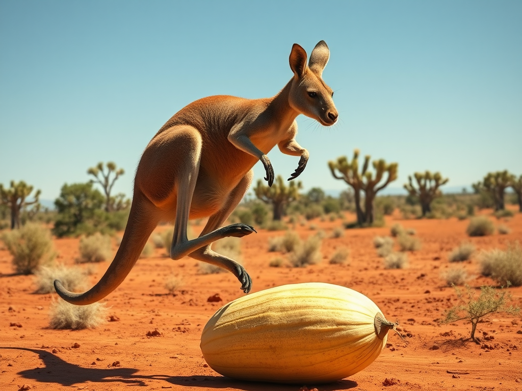 kangeroo jumping over a cucumber