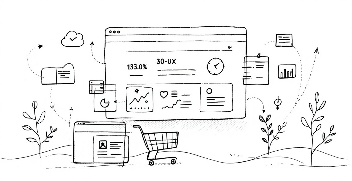 Sketch of a webpage illustrating Core Web Vitals with icons for speed, interactivity, and stability.