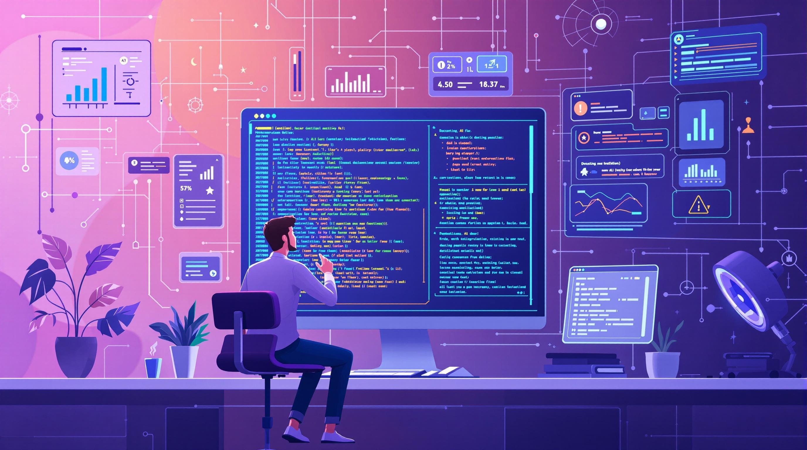 Professional and modern illustration of developers analyzing AI model code with advanced debugging tools, digital dashboards highlighting detected errors and bug patterns, clean tech workspace, futuristic interface elements, no text, 16:9 aspect ratio