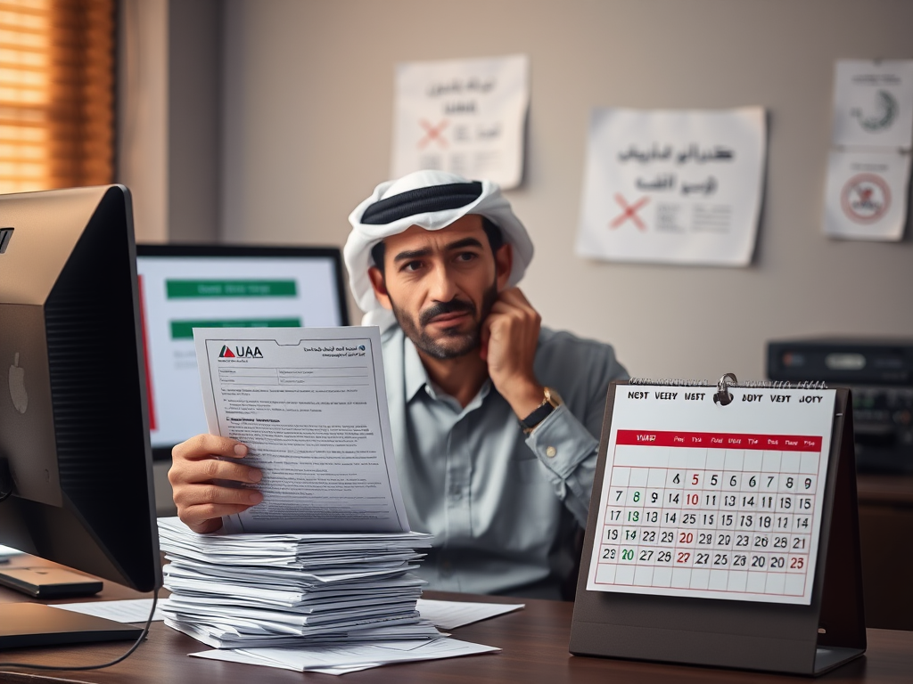 Create a realistic image of a frustrated Middle Eastern man in his 30s sitting at a desk with a stack of visa application papers, a computer showing a UAE government website, and a calendar with crossed-out dates. The background should be an office setting with muted colors, and soft lighting to emphasize the mood of waiting and delays.