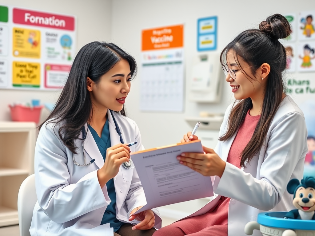 Create a realistic image of a white female doctor in a white coat discussing a vaccine schedule with a young Asian mother holding a clipboard and pen, sitting in a bright, modern pediatric office with colorful posters about immunizations on the wall, a calendar visible in the background, and a playful examination table with cartoon characters to one side.