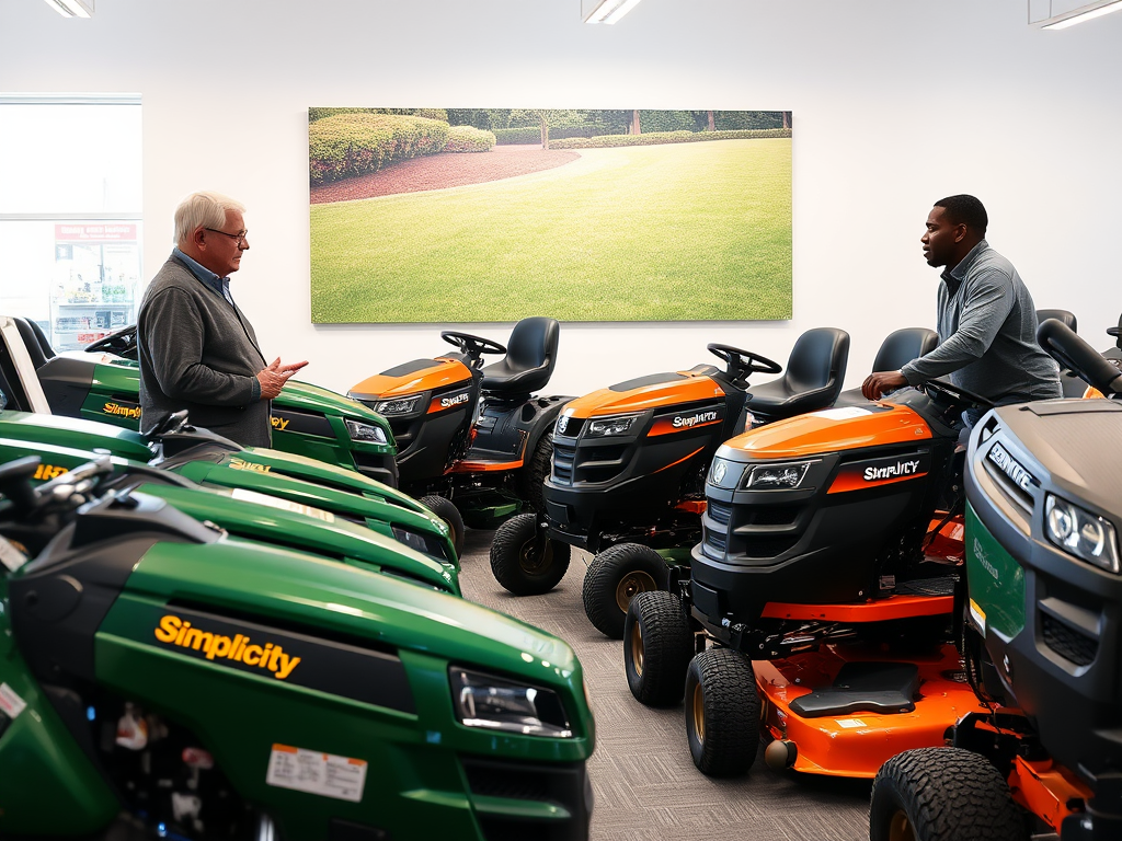 Create a realistic image of a showroom displaying various Simplicity riding lawn mowers, with models ranging from compact to large. A white male salesperson is explaining features to a middle-aged black couple. Bright lighting illuminates the mowers' sleek designs and vibrant colors. Price tags and spec sheets are visible on each mower. The background shows a large poster featuring a well-manicured lawn.