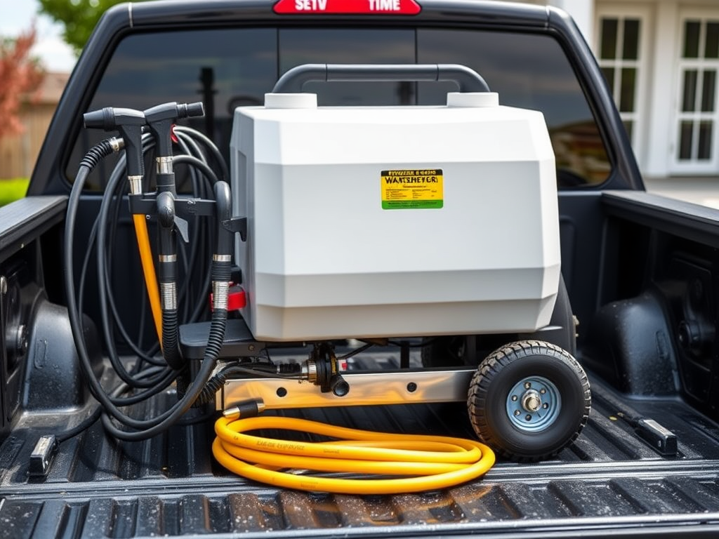 Create a realistic image of a pressure washer skid mounted on a truck bed, with various nozzles and hoses neatly organized. The skid should be visible in the foreground, showcasing its compact design and professional appearance. In the background, a clean driveway or building facade should be visible, implying the skid's recent use and effectiveness.