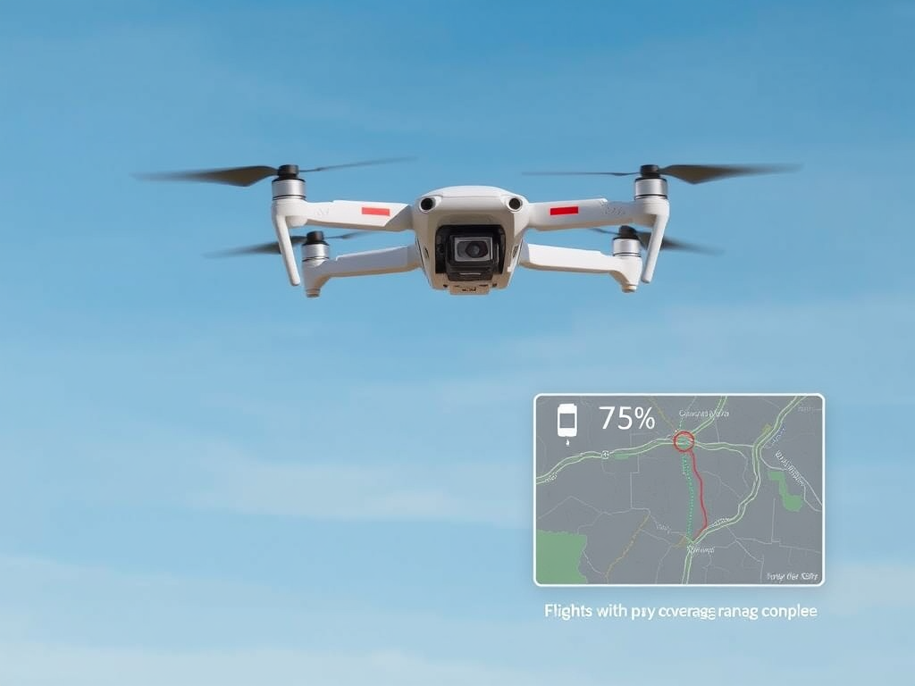 Create a realistic image of a DIY drone hovering in mid-air against a blue sky backdrop, with a battery percentage indicator overlay showing 75% and a miniature map in the corner displaying the drone's flight path and range, emphasizing the drone's endurance and coverage capabilities.