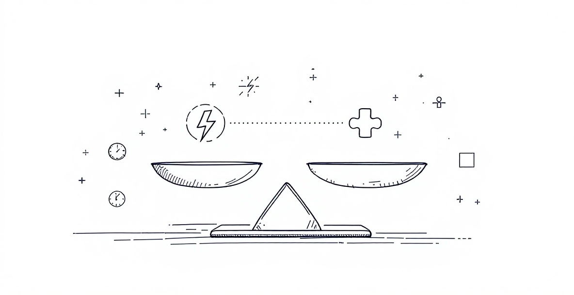 Minimalist sketch of a scale balancing speed (lightning bolt) and personalization (puzzle piece), tipping toward personalization.