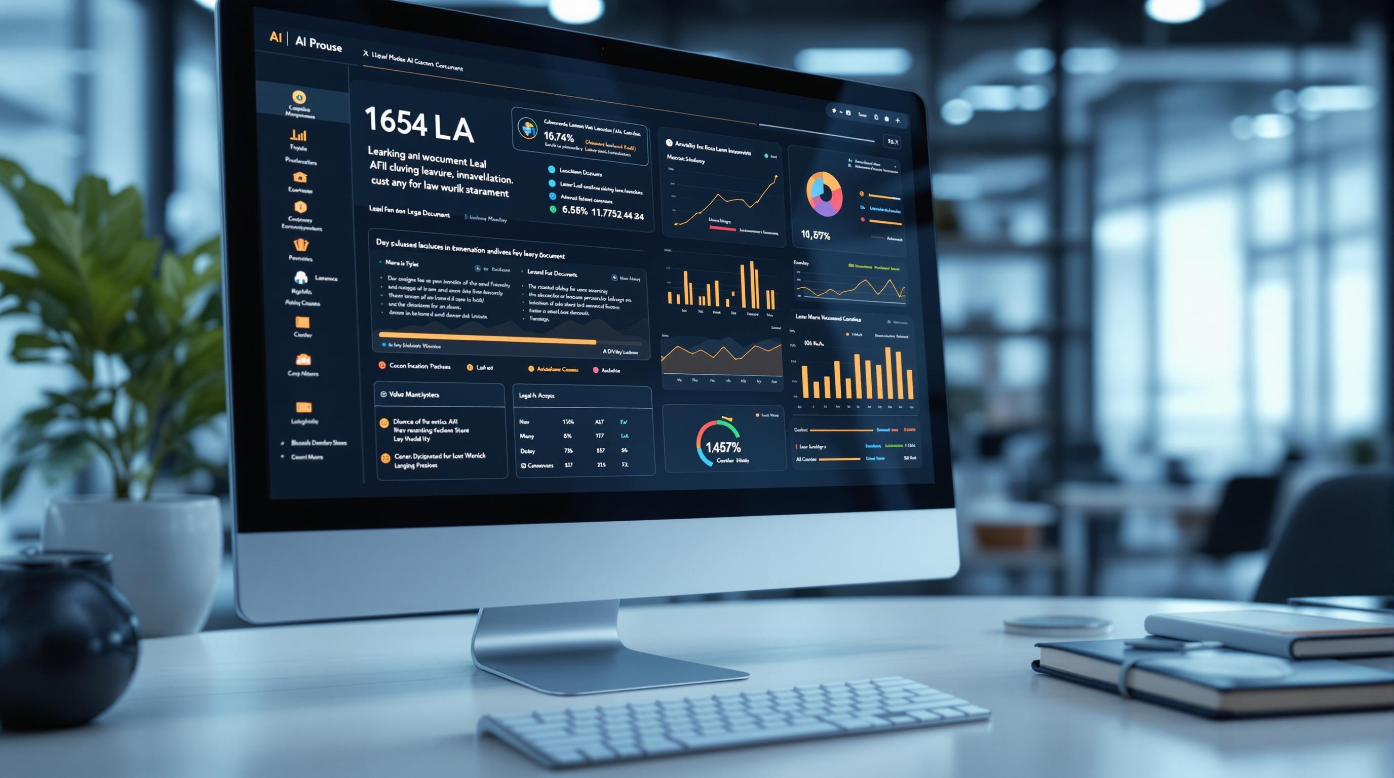 Professional scene of AI software highlighting and extracting key clauses from digital legal documents, advanced analytics dashboard visible, modern law office environment, clean and sophisticated style, 16:9 aspect ratio, no text