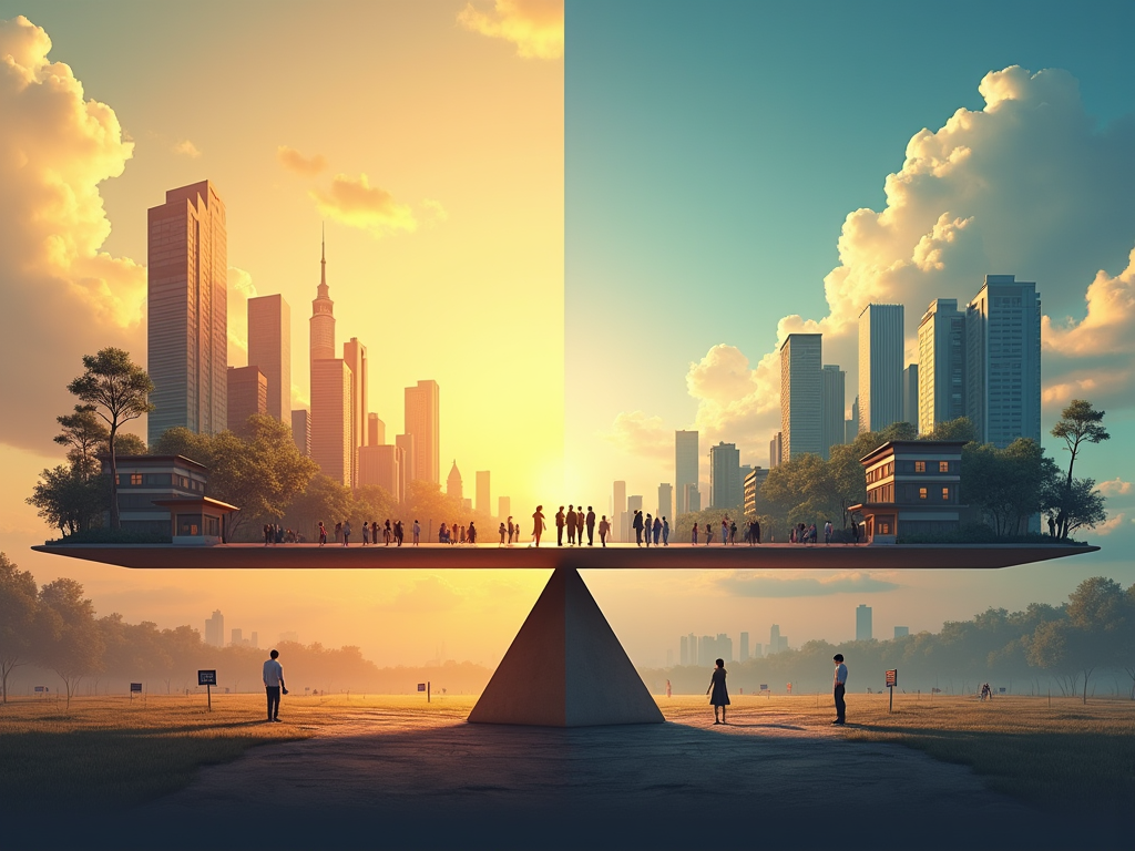 Visualize a dynamic and thought-provoking cover image for a paper discussing the impact of rising 30-year mortgage rates and Federal Reserve policies on the housing market. The central focus should be a large, detailed scale balancing two contrasting scenes. On one side of the scale, depict a vibrant, bustling cityscape with modern buildings and a crowd of diverse people, including young couples and families, symbolizing the strong demand and vitality of the housing market. This side should feature a rising sun in the background, casting a warm glow, symbolizing hope and growth, with the sky blending from golden yellow to soft orange. On the other side, illustrate a stark, more subdued suburban landscape with 'For Sale' signs in empty yards, symbolizing the challenges and slowdown due to high mortgage rates. The background here should show a setting sun with a sky transitioning into deep blues and purples, reflecting uncertainty and cooling demand. These scenes should be connected by a golden beam of a classic balance scale, positioned centrally and tipping slightly towards the cityscape, indicating a delicate yet hopeful balance. The entire image should be rendered in a realistic style with a focus on lighting contrasts to emphasize the dual themes of opportunity and challenge. The color palette should include shades of blue, purple, gold, orange, and yellow to differentiate between the warmth of opportunity and the coolness of economic challenges.