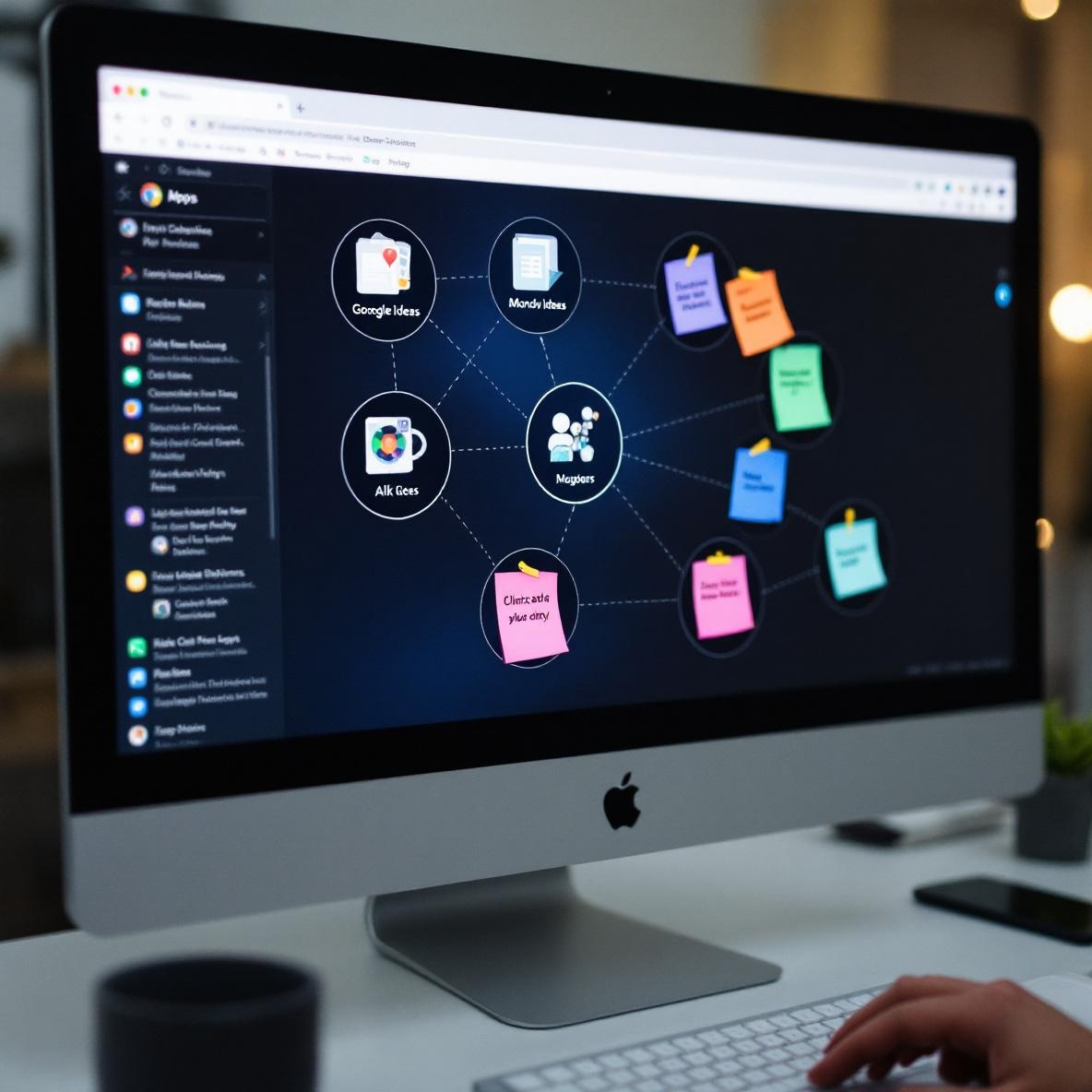 A computer screen with various apps and notes interconnected, showing a freelancer organizing their ideas across different platforms.
