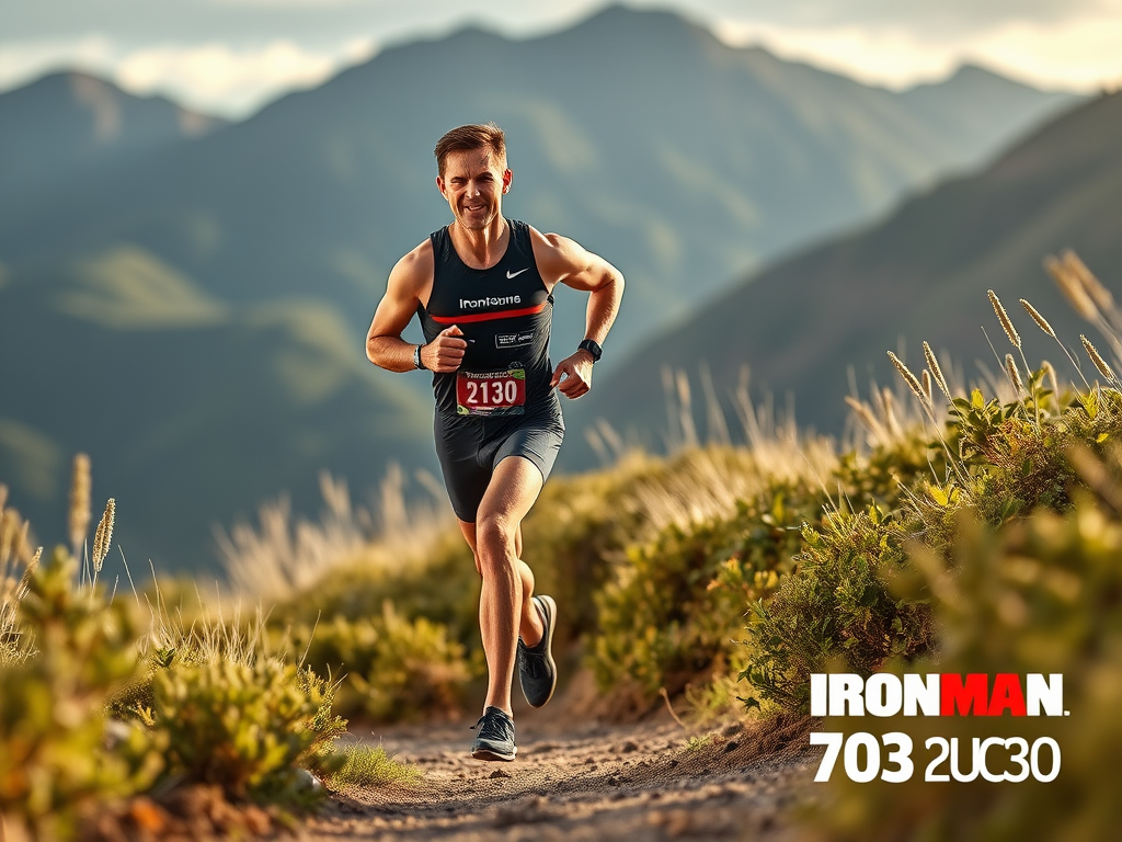 Create a realistic image of a determined white male triathlete running on a scenic trail with mountains in the background, wearing high-performance running shoes and athletic gear, focused expression, dynamic pose showing proper running form, surrounded by lush green vegetation, with warm sunlight casting shadows, and a small, subtle "IRONMAN 70.3 Pucon" logo in the corner.