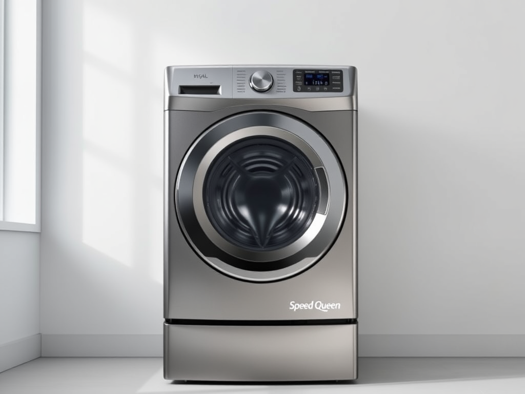 Create a realistic image of a sleek, modern Speed Queen SF7007BE 27-inch washing machine in a pristine laundry room setting, with a stainless steel finish, digital display panel, and large front-loading door. The machine should be positioned prominently against a white wall, with soft ambient lighting highlighting its features and creating a clean, sophisticated atmosphere.