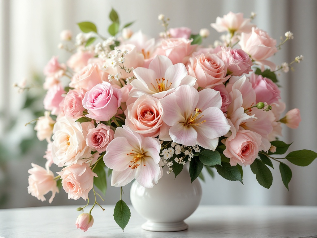 A photorealistic shot capturing a luxurious bouquet of fresh flowers, featuring a mix of roses, orchids, and seasonal blooms in soft pastel colors, arranged in an elegant vase