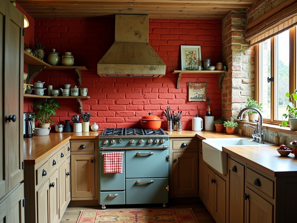 Charming Country Kitchen with Eclectic Red Brick Accents