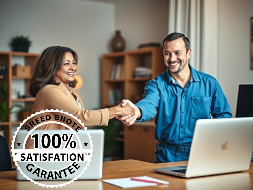 Create a realistic image of a smiling white male technician in a blue uniform shaking hands with a satisfied middle-aged black female customer in a home office setting, with a repaired laptop visible on the desk, a "100% Satisfaction Guaranteed" seal prominently displayed in the foreground, warm lighting, and a professional yet welcoming atmosphere.