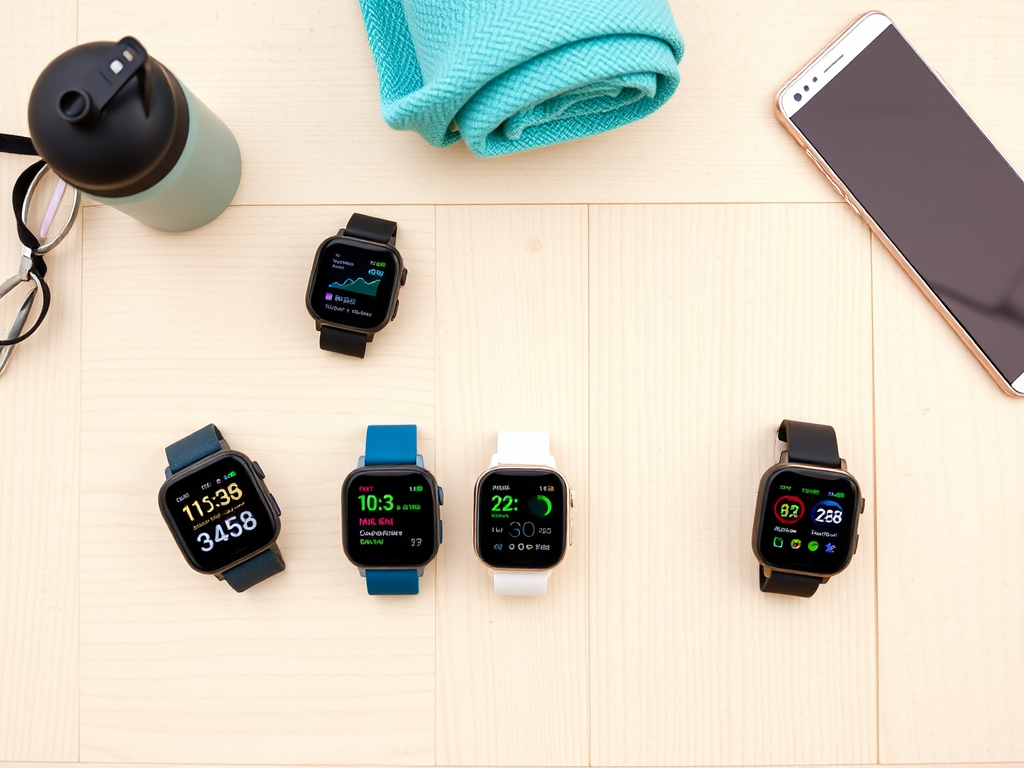 Create a realistic image of a flat lay composition featuring three popular budget-friendly fitness trackers side by side on a light wooden surface, with their screens displaying various fitness metrics, surrounded by workout accessories like a water bottle, towel, and smartphone, under soft natural lighting to emphasize product details and comparison aspect.