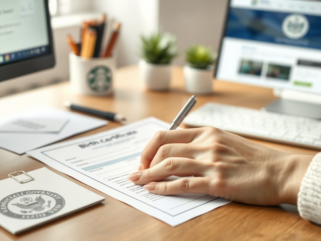 Create a realistic image of a white female hand filling out an official-looking birth certificate application form on a desk, with a pen, envelope, and official government seal visible nearby, soft natural lighting from a nearby window, and a computer screen in the background showing a government website.