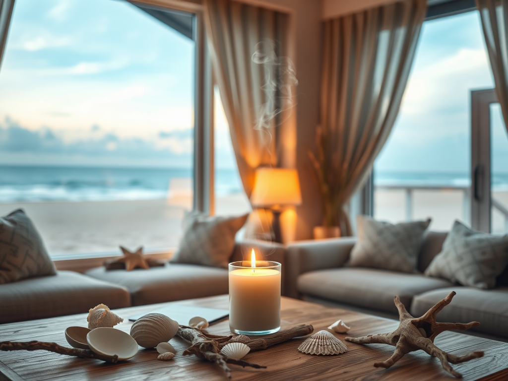 Create a realistic image of a cozy living room with a large window overlooking a beach, warm ambient lighting, and a prominently placed scented candle on a coffee table, emitting a soft glow and wisps of smoke, surrounded by seashells and driftwood, creating a relaxed and inviting atmosphere.