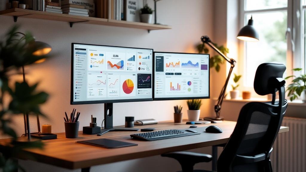 Professional remote marketing workspace with tools