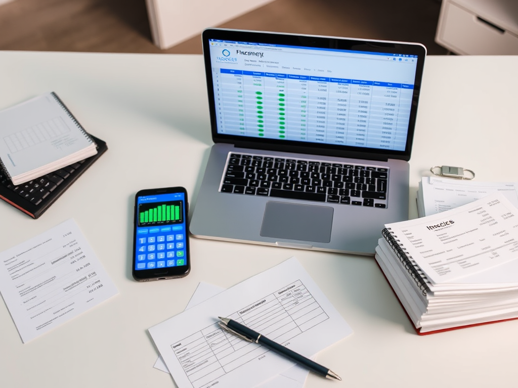 Create a realistic image of a clean, modern office desk with a laptop displaying a spreadsheet, a smartphone showing a banking app, and a stack of neatly organized receipts and invoices. A calculator, pen, and notebook are nearby. The scene is well-lit, emphasizing efficiency and organization in financial data management.