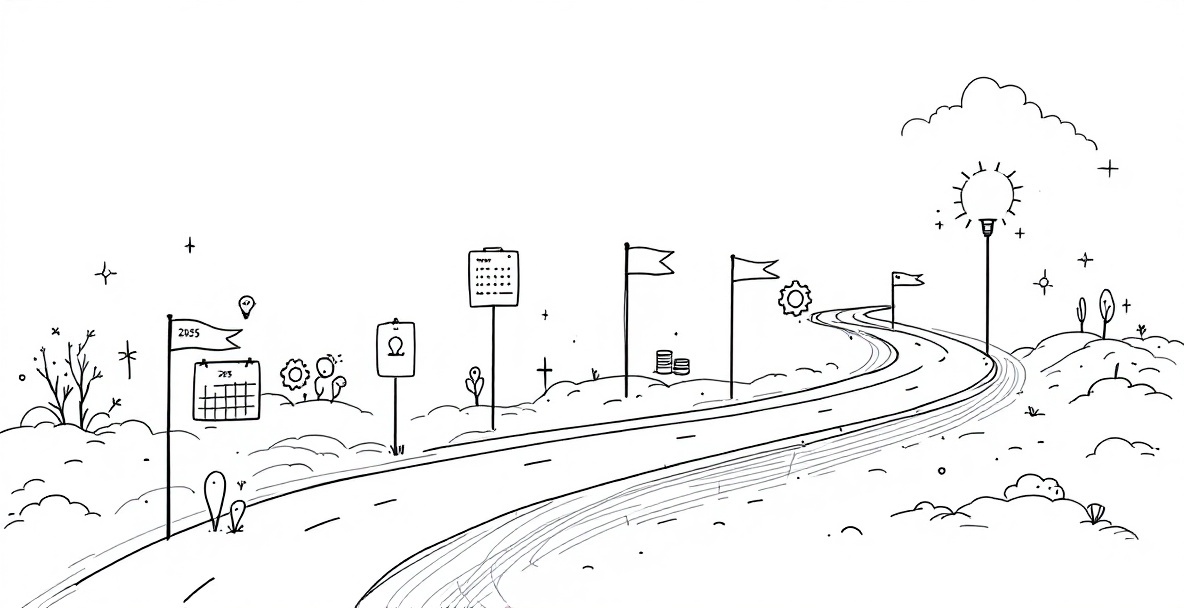 Minimalist sketch of a 2025 roadmap timeline with quarterly milestones, implementation icons, and progress markers