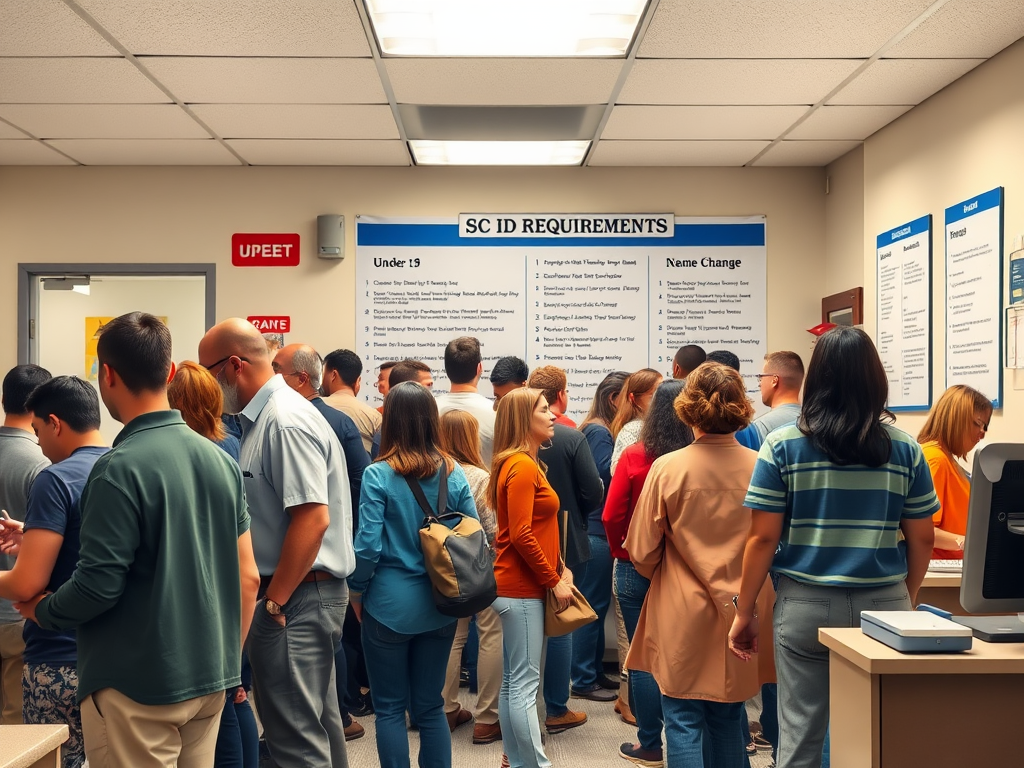 Create a realistic image of a diverse group of people standing in line at a government office, with signs indicating different applicant types such as "New Residents," "Under 18," and "Name Change." The office has a bureaucratic atmosphere with desks, computers, and document scanners visible. A large poster on the wall displays "SC ID Requirements" with bullet points. The lighting is fluorescent, casting a slightly sterile glow on the scene.